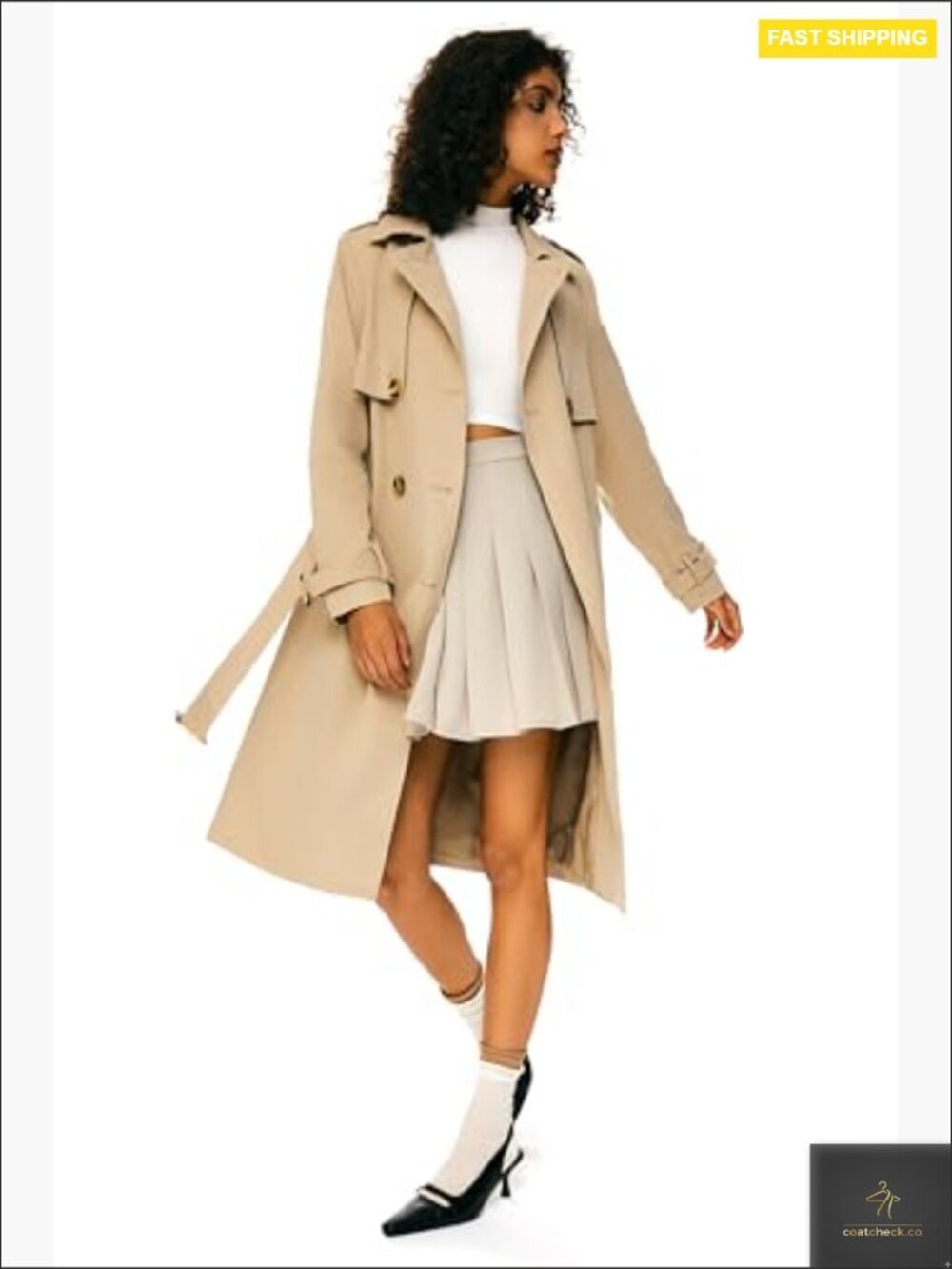 Classic Double Breasted Trench Coat Elegant Fitted Mid-Length Waterproof Jacket - Picture 2 of 7